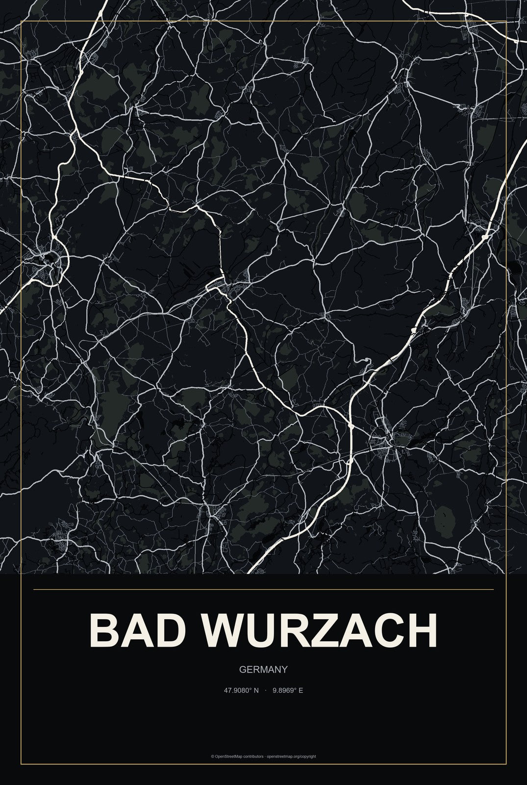 Bad Wurzach, Germany City Map Aluminum Sign in Metropolitan Noir style