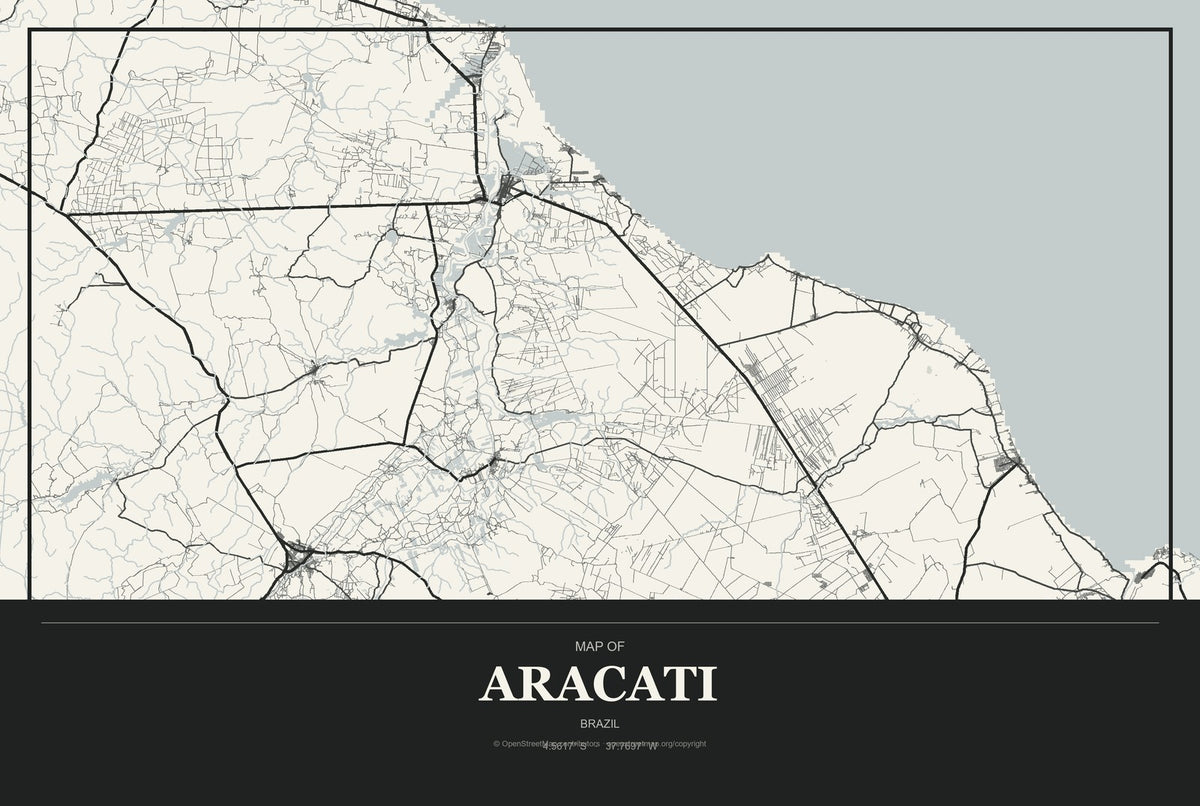 Aracati, Brazil City Map Aluminum Sign in Museum Plaque style