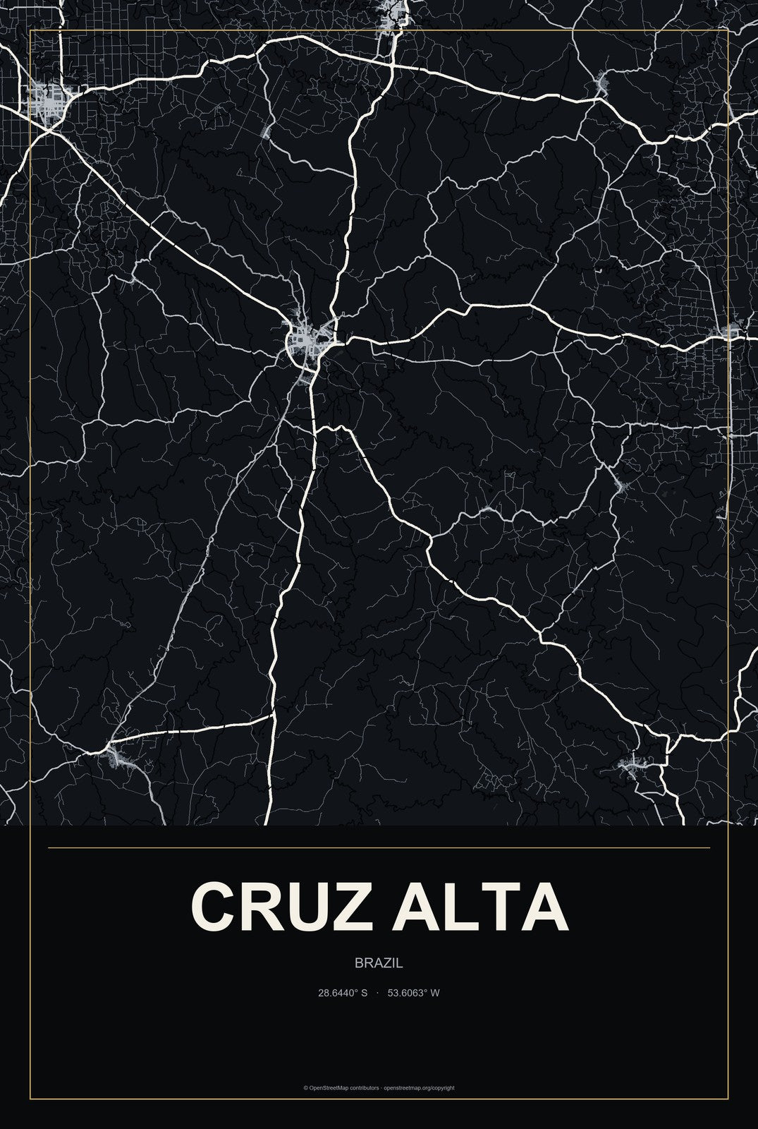 Cruz Alta, Brazil City Map Aluminum Sign in Metropolitan Noir style