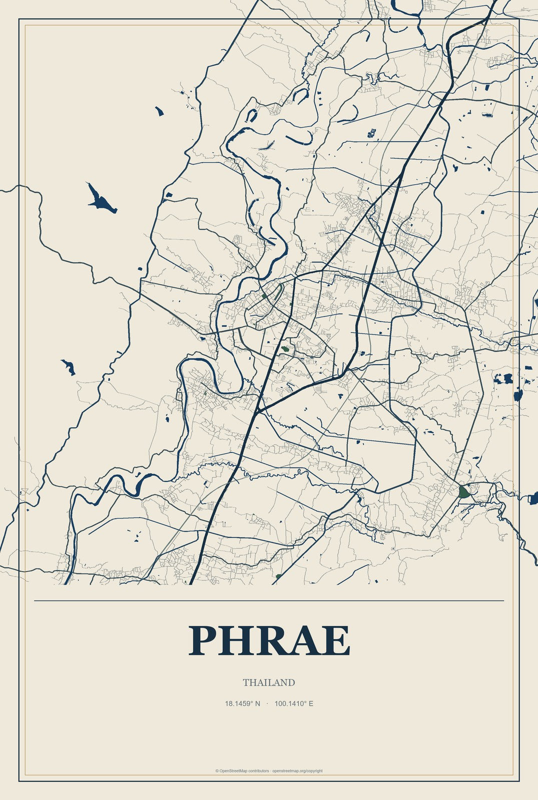 Phrae, Thailand City Map Aluminum Sign in Coastal Cutout style