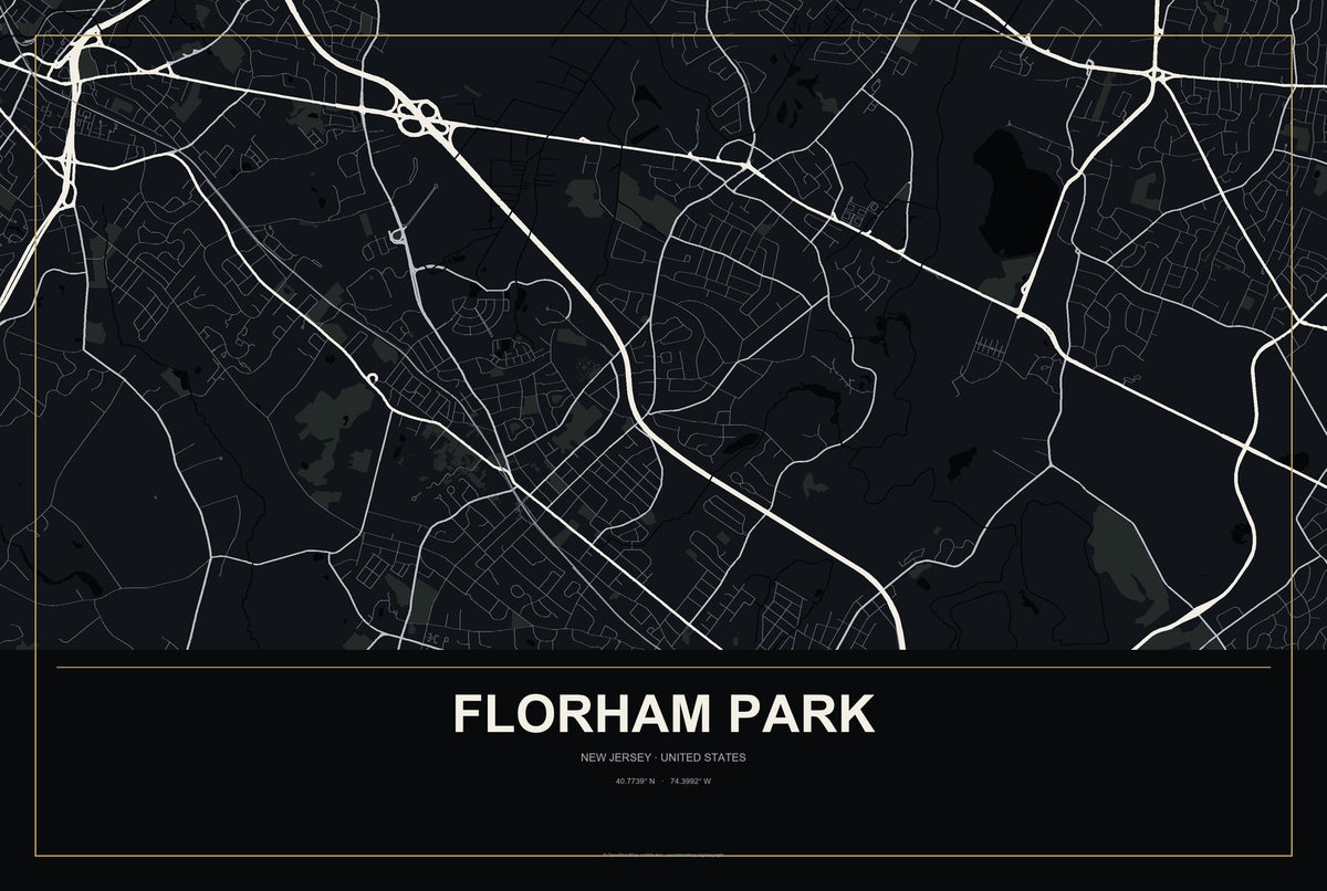 Florham Park, New Jersey City Map Aluminum Sign in Metropolitan Noir style