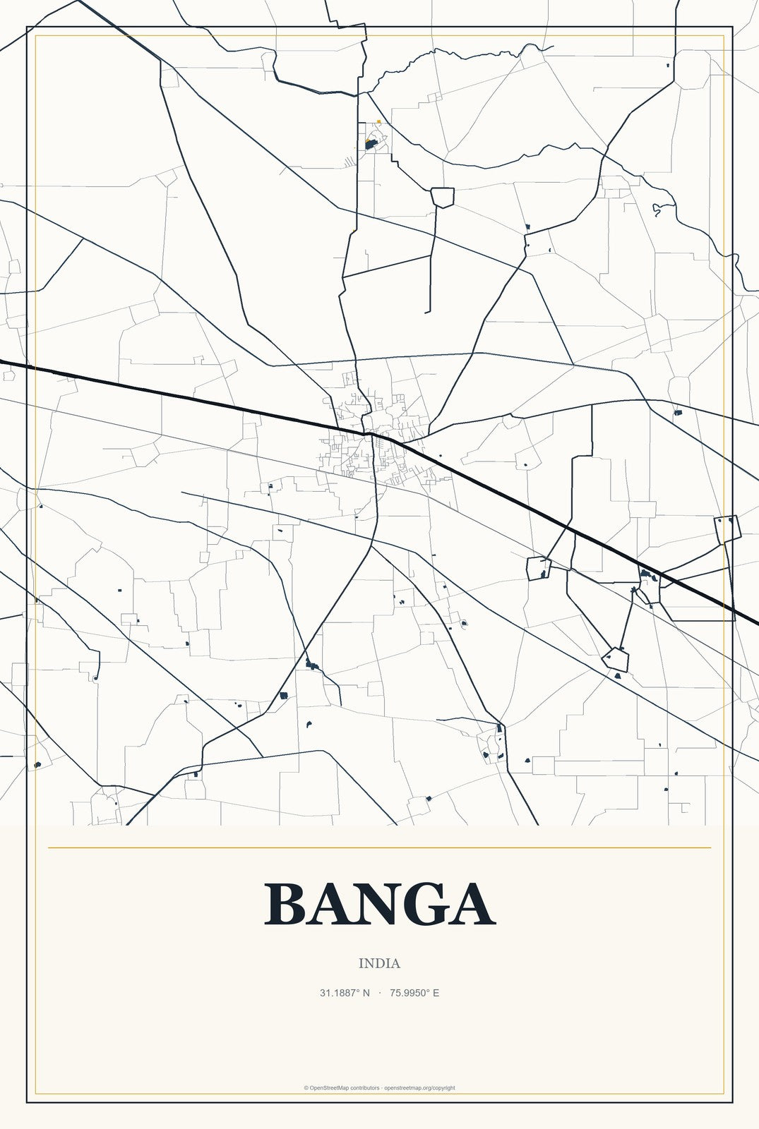 Banga, India City Map Aluminum Sign in Citrine Modern style