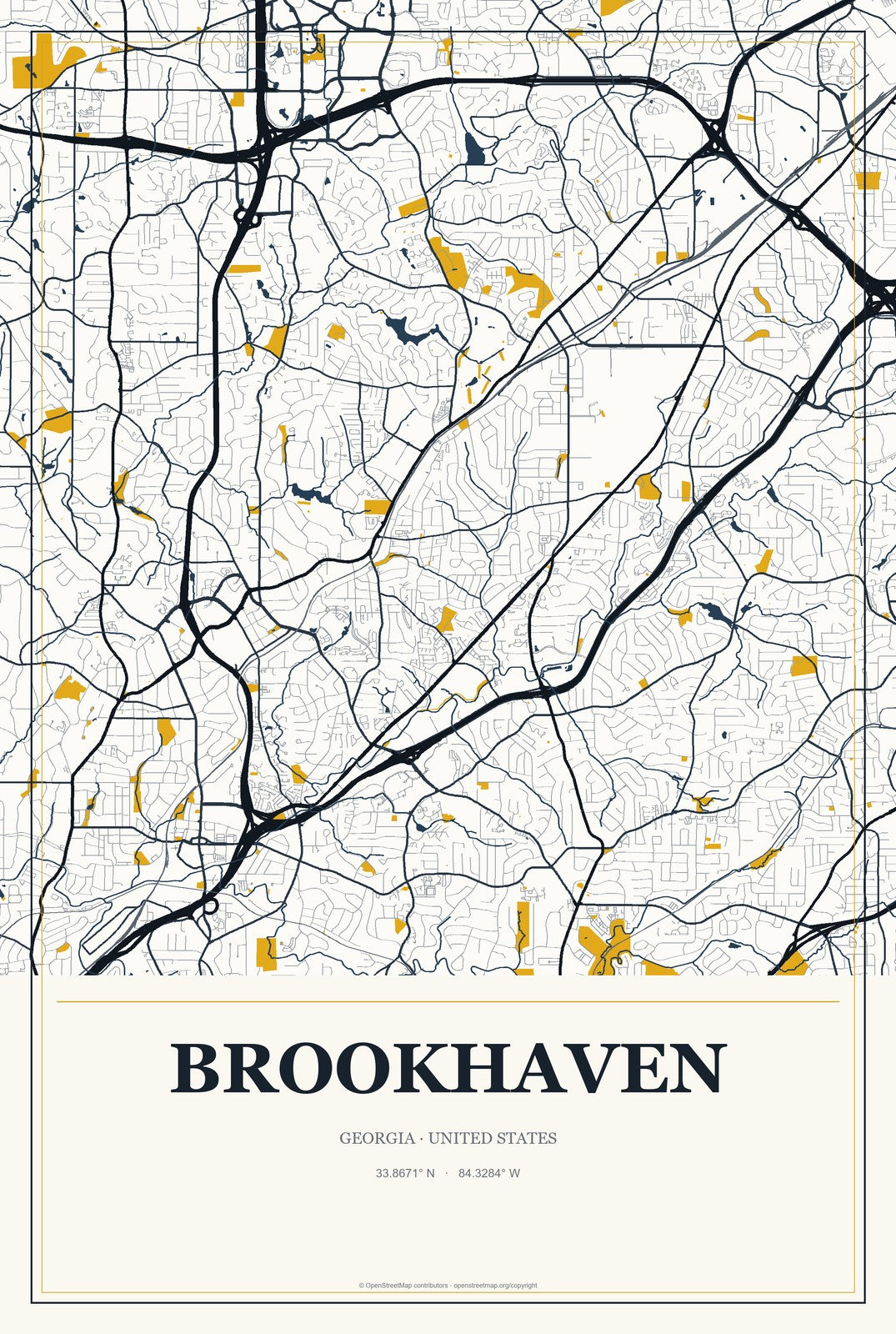 Brookhaven, Georgia City Map Aluminum Sign in Citrine Modern style