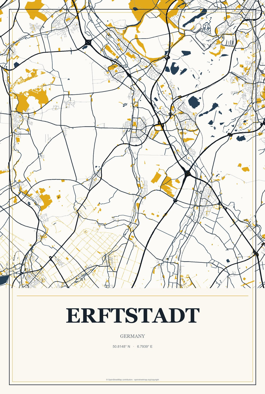 Erftstadt, Germany City Map Aluminum Sign in Citrine Modern style
