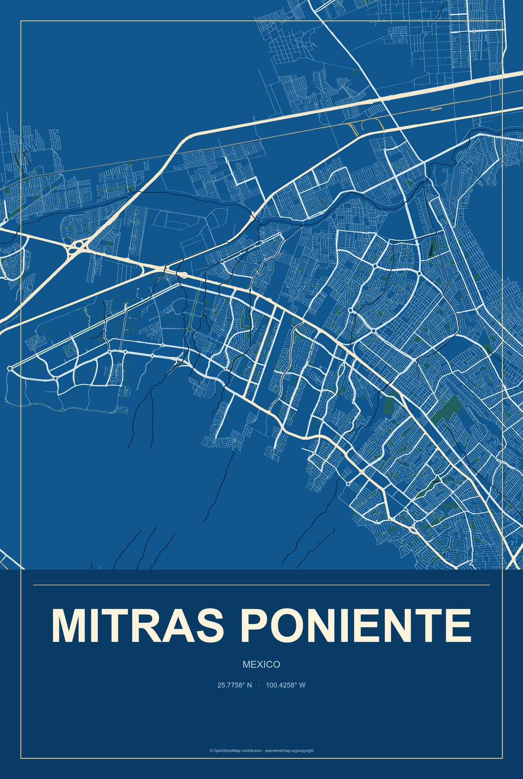 Mitras Poniente, Mexico City Map Aluminum Sign in Harbor Cobalt style