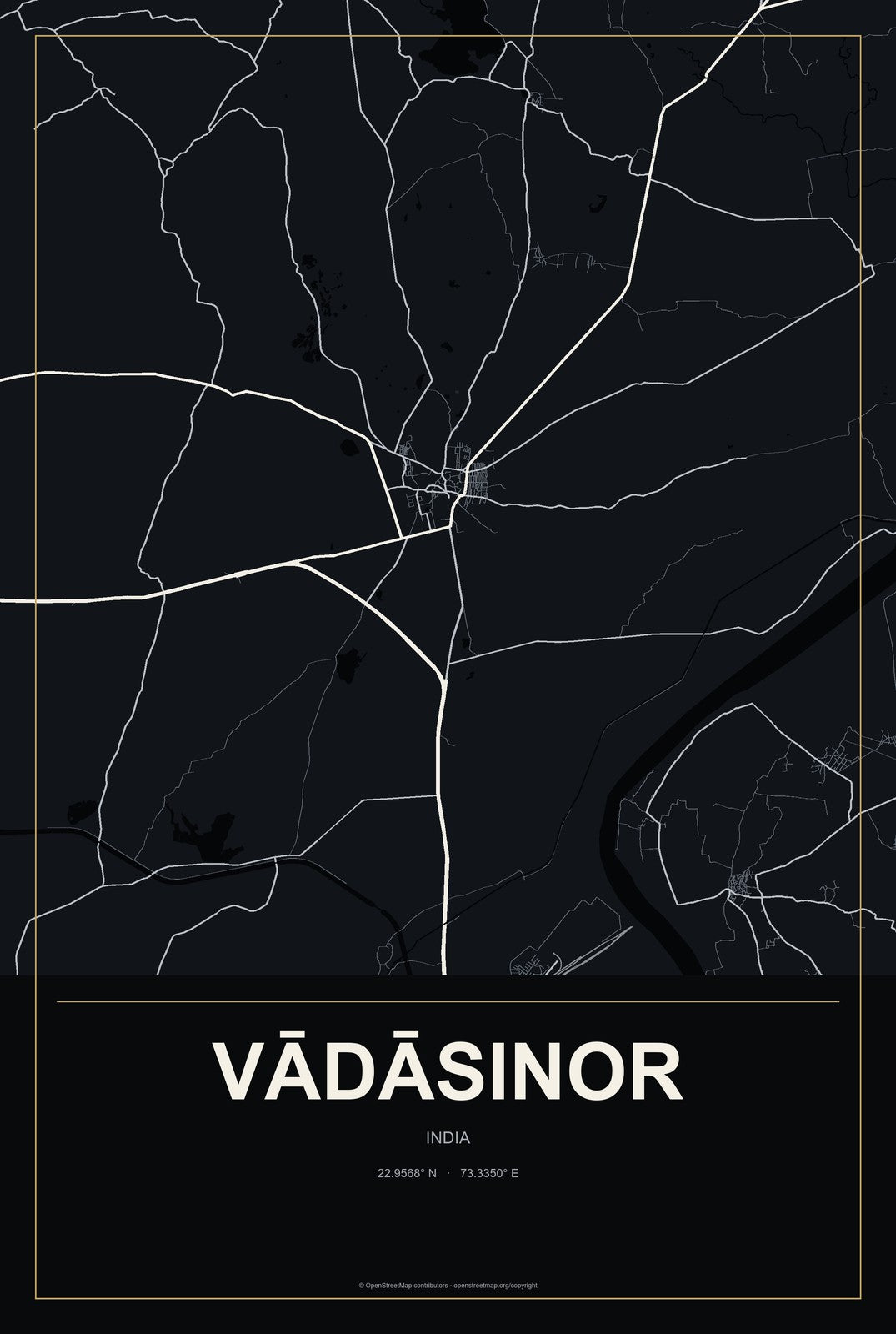 Vādāsinor, India City Map Aluminum Sign in Metropolitan Noir style