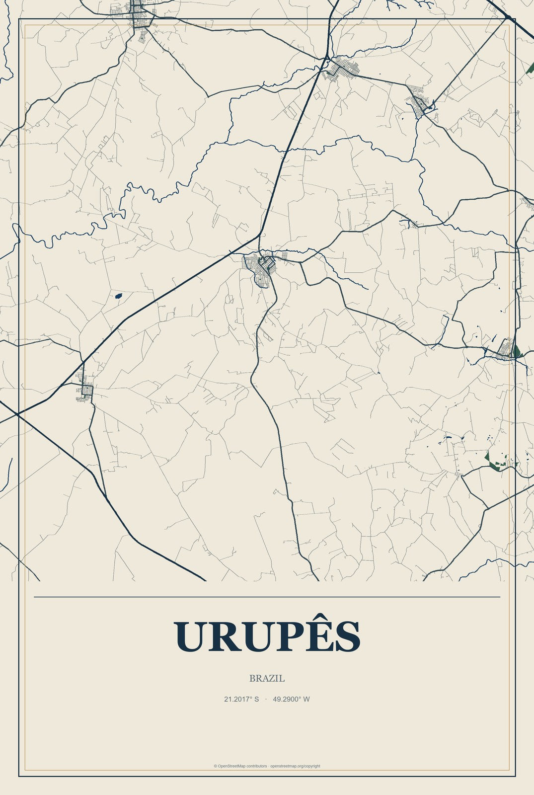 Urupês, Brazil City Map Aluminum Sign in Coastal Cutout style