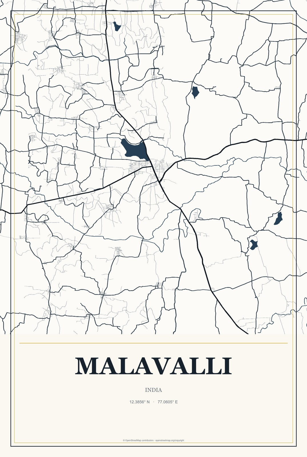 Malavalli, India City Map Aluminum Sign in Citrine Modern style