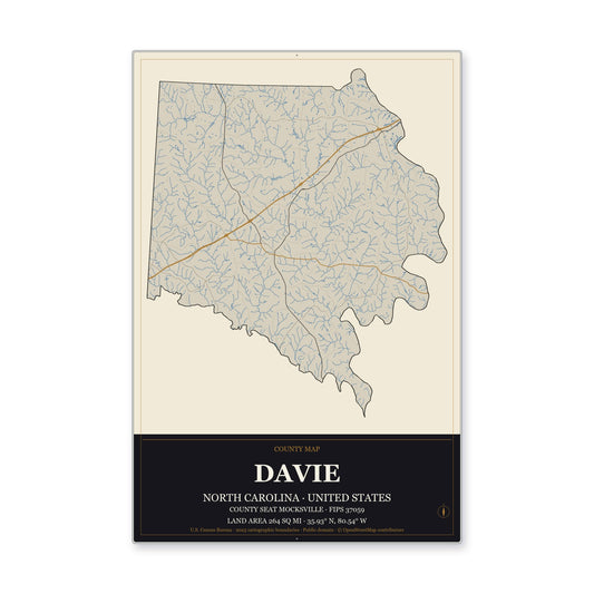 Davie County, North Carolina Map Aluminum Sign in Museum Plaque style