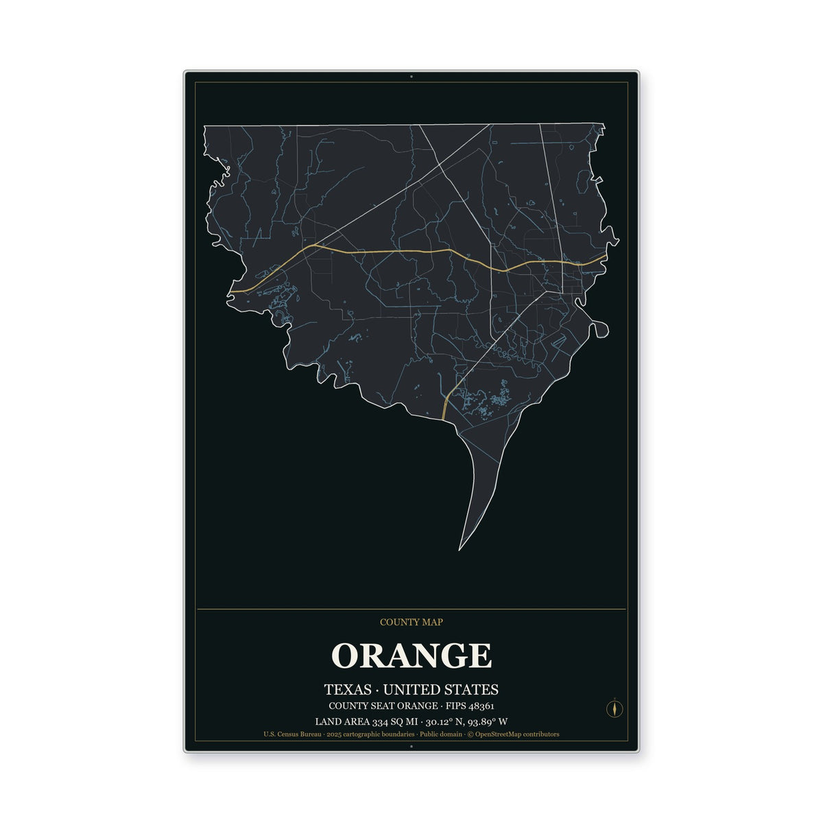Orange County, Texas Map Aluminum Sign in Metropolitan Noir style