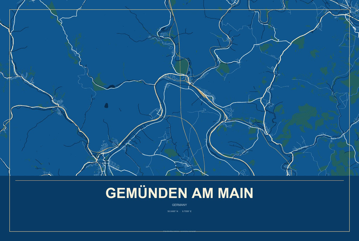 Gemünden am Main, Germany City Map Aluminum Sign in Harbor Cobalt style