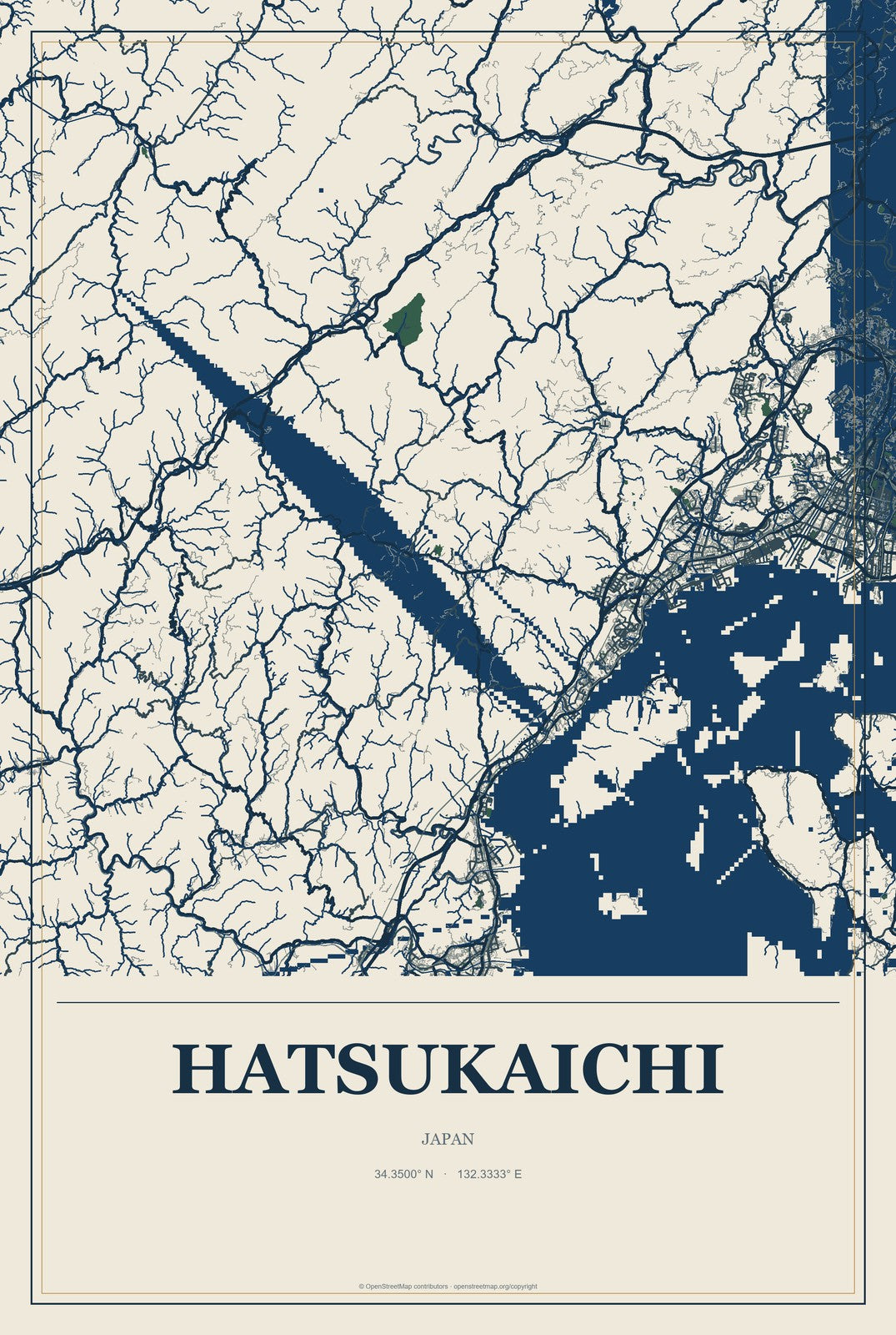 Hatsukaichi, Japan City Map Aluminum Sign in Coastal Cutout style