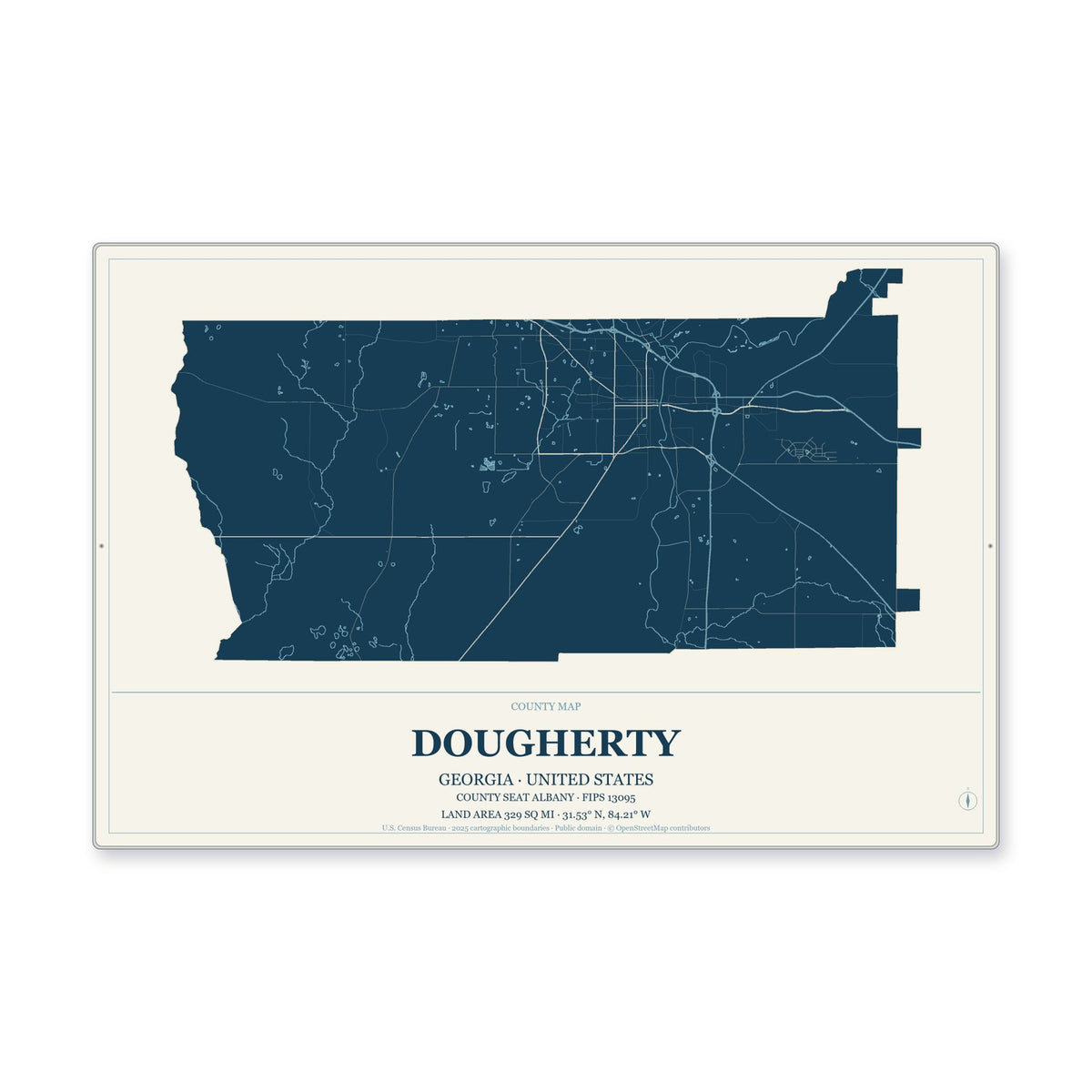 Dougherty County, Georgia Map Aluminum Sign in Coastal Cutout style