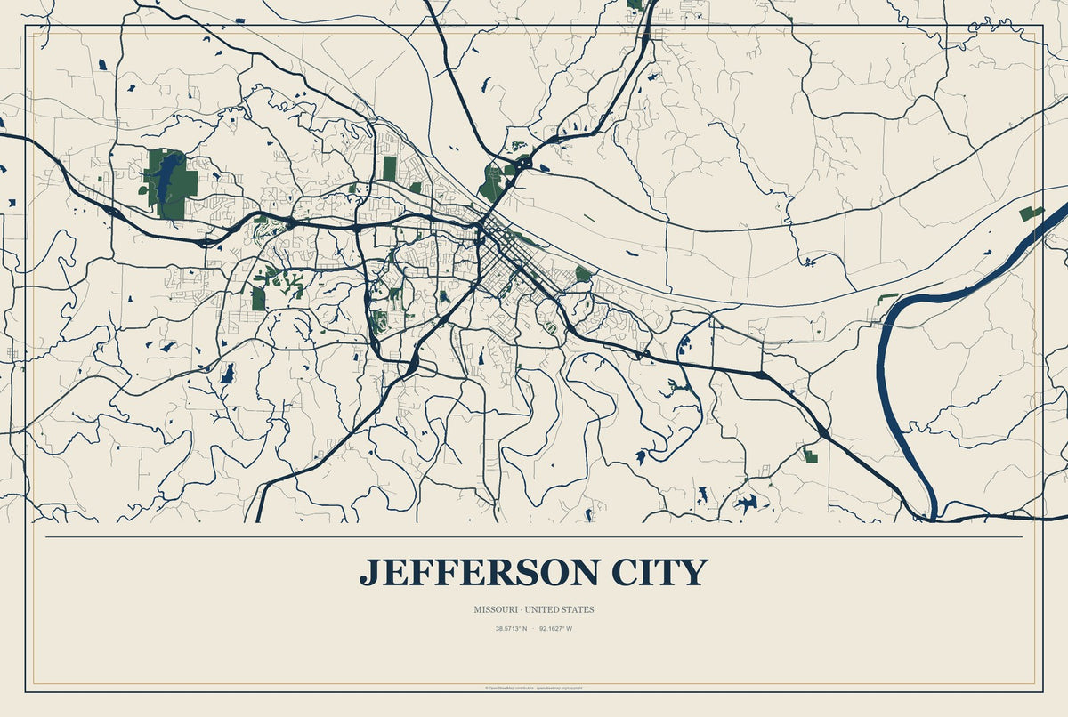 Jefferson City, Missouri City Map Aluminum Sign in Coastal Cutout style