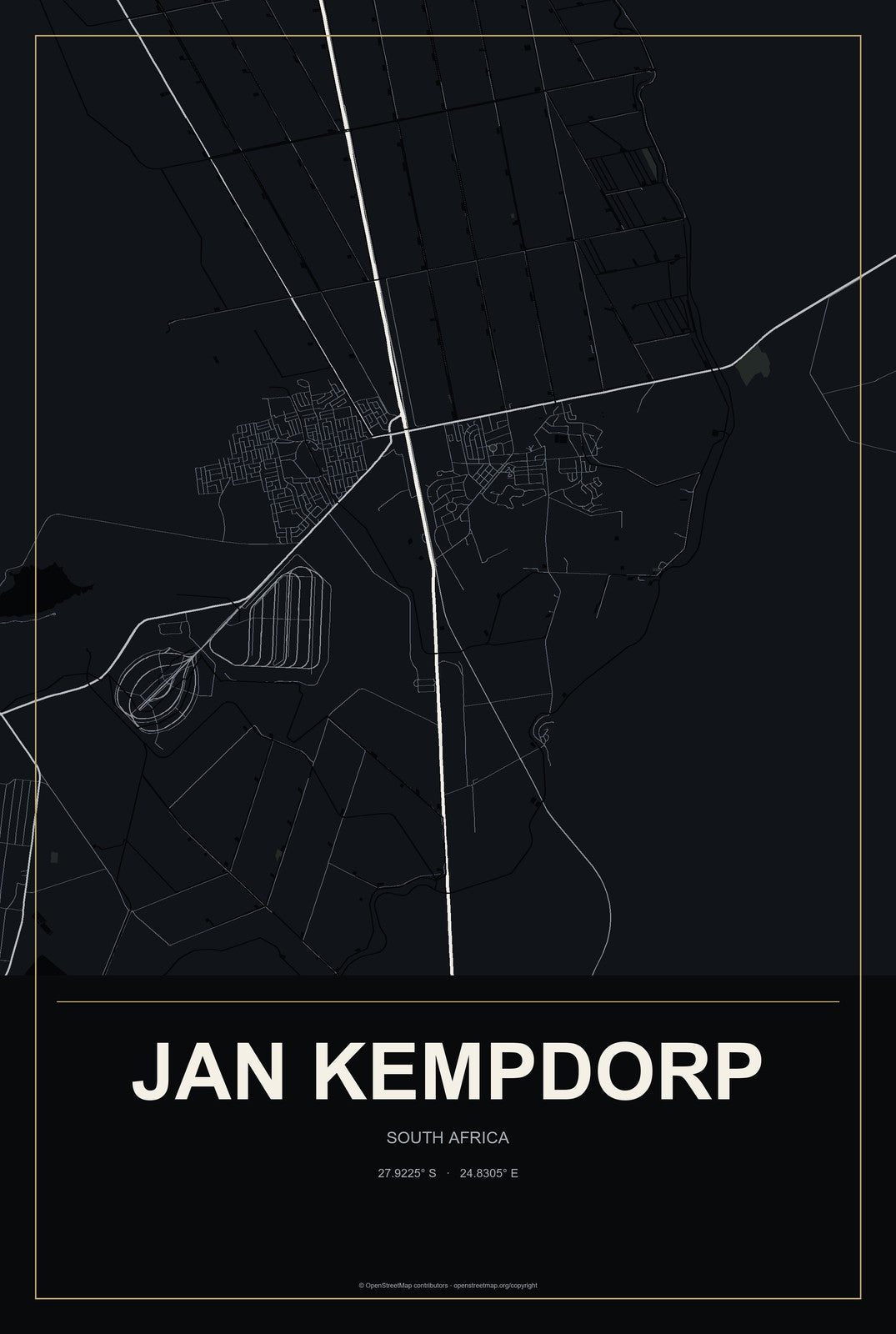 Jan Kempdorp, South Africa City Map Aluminum Sign in Metropolitan Noir style