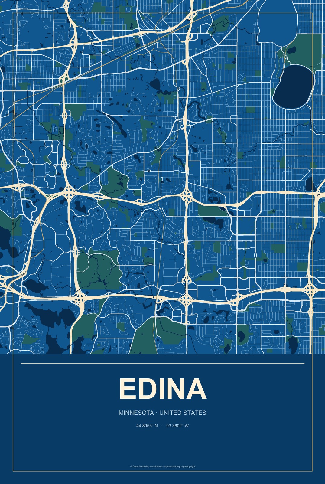 Edina, Minnesota City Map Aluminum Sign in Harbor Cobalt style