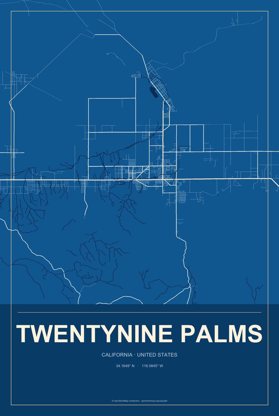 Twentynine Palms, California City Map Aluminum Sign in Harbor Cobalt style
