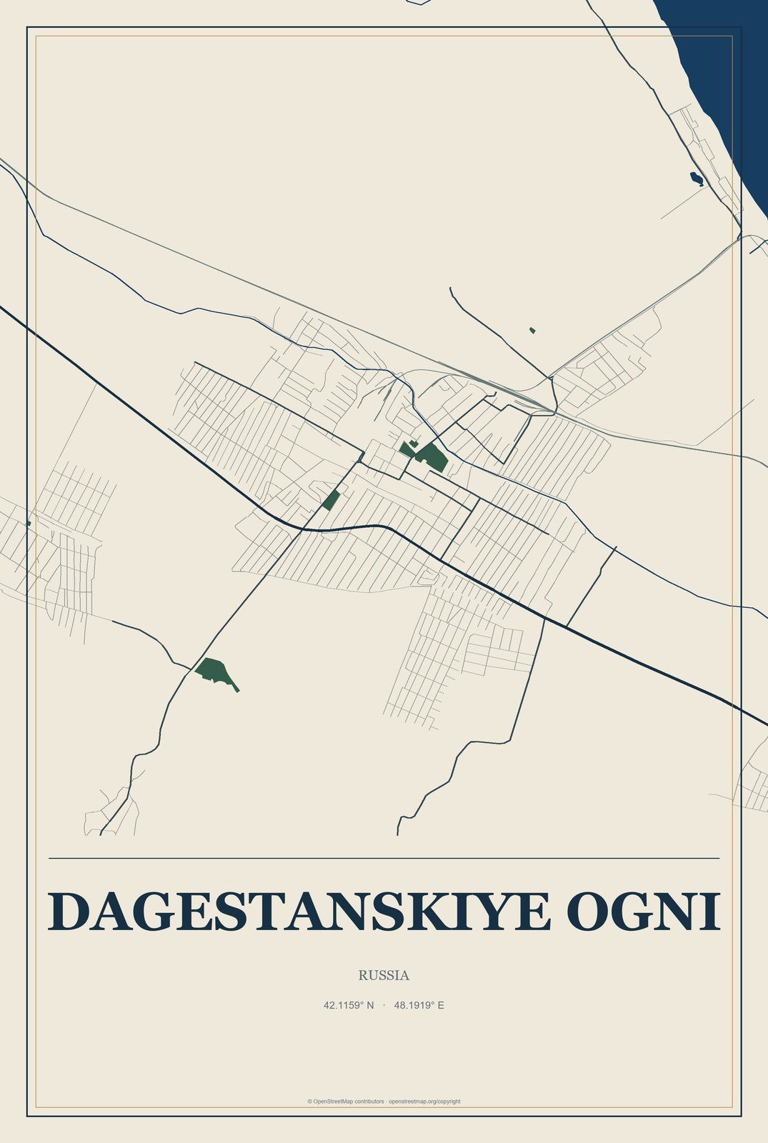 Dagestanskiye Ogni, Russia City Map Aluminum Sign in Coastal Cutout style
