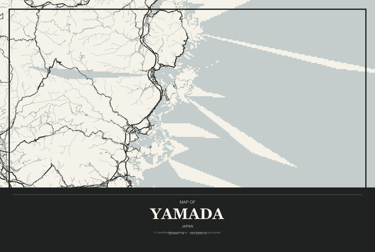Yamada, Iwate, Japan City Map Aluminum Sign in Museum Plaque style