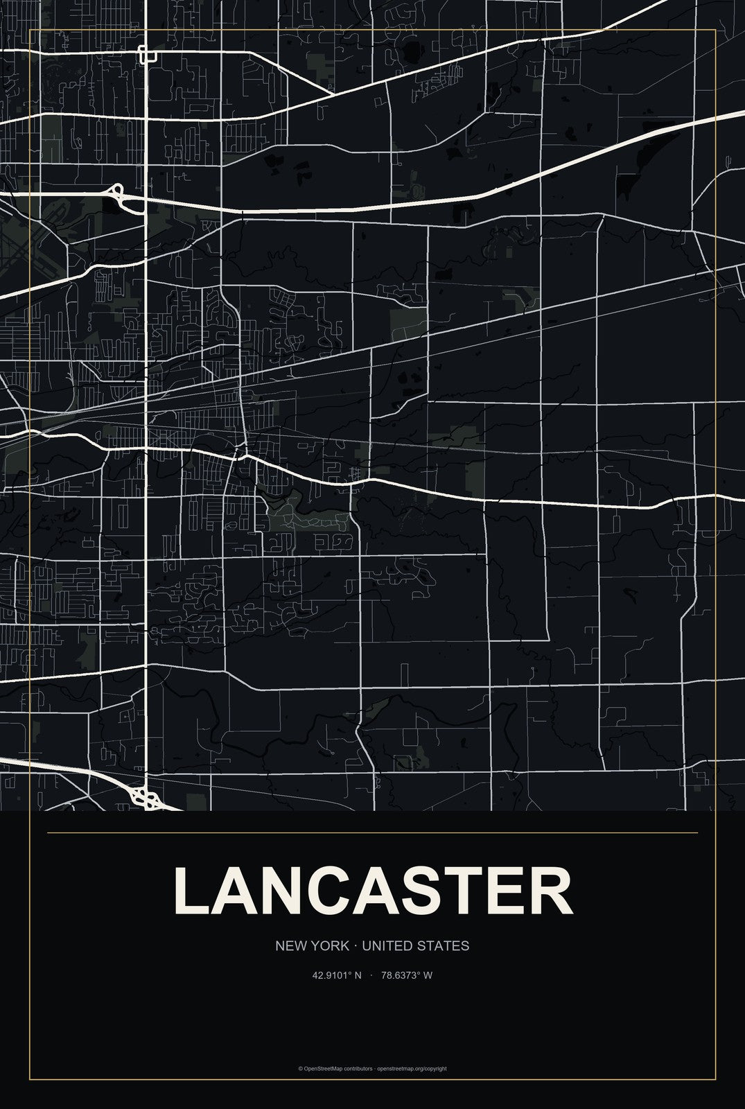 Lancaster, New York City Map Aluminum Sign in Metropolitan Noir style