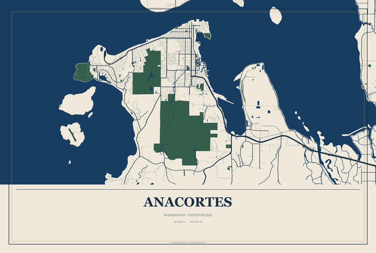 Anacortes, Washington City Map Aluminum Sign in Coastal Cutout style