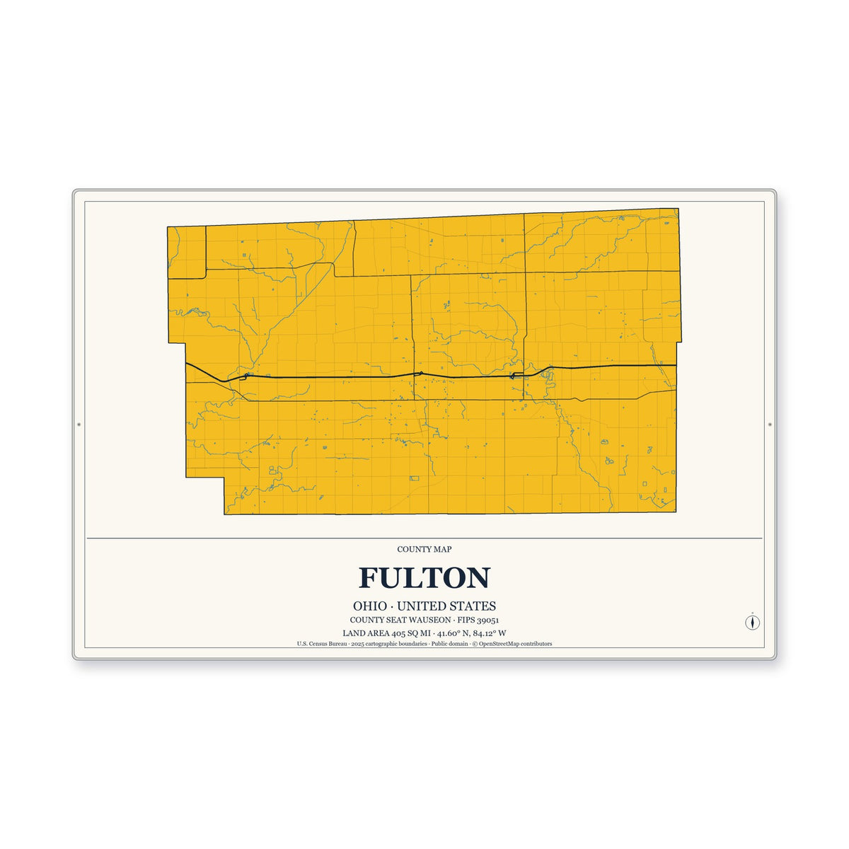Fulton County, Ohio Map Aluminum Sign in Citrine Modern style
