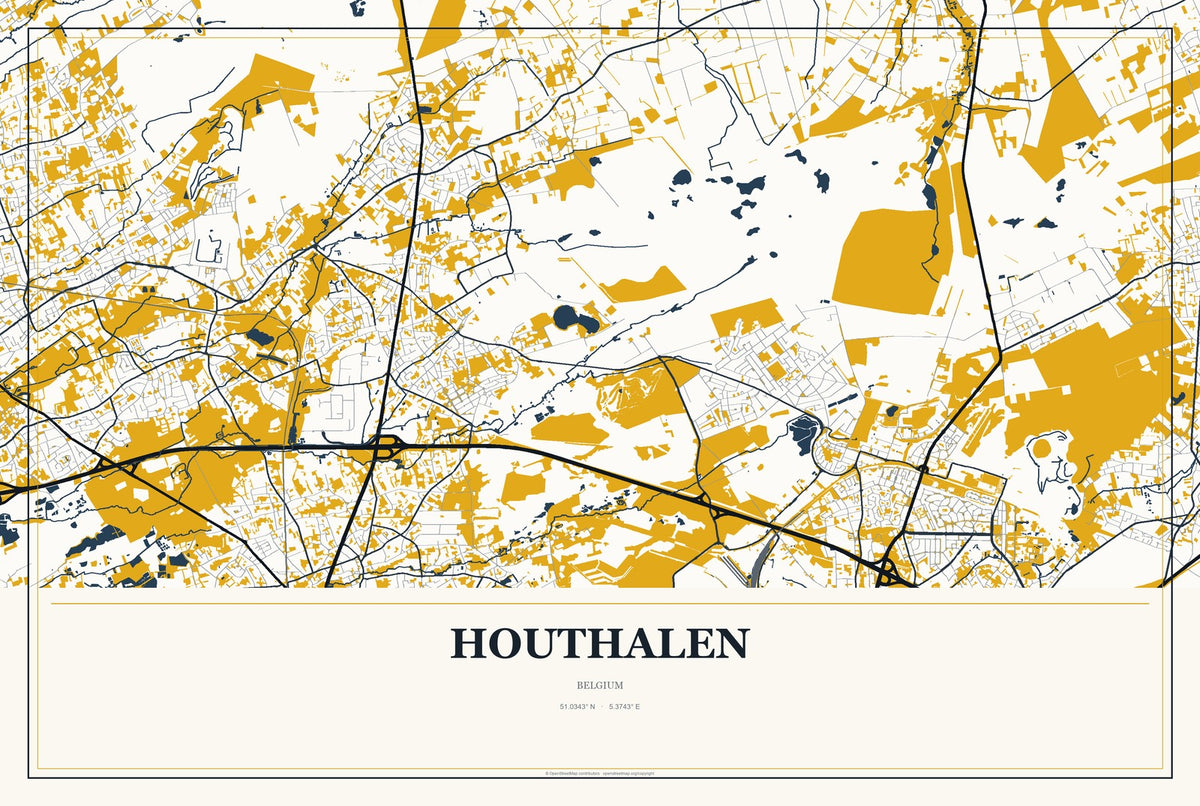 Houthalen, Belgium City Map Aluminum Sign in Citrine Modern style