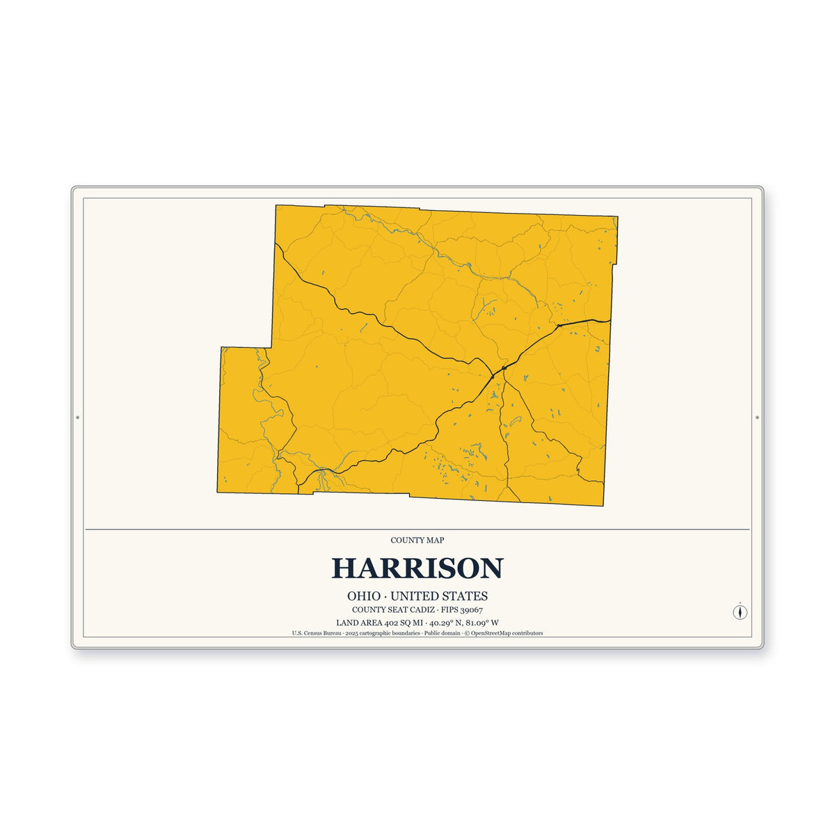 Harrison County, Ohio Map Aluminum Sign in Citrine Modern style