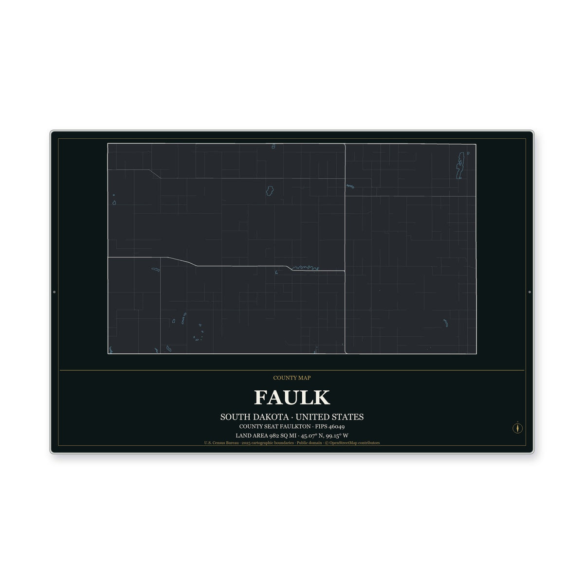 Faulk County, South Dakota Map Aluminum Sign in Metropolitan Noir style