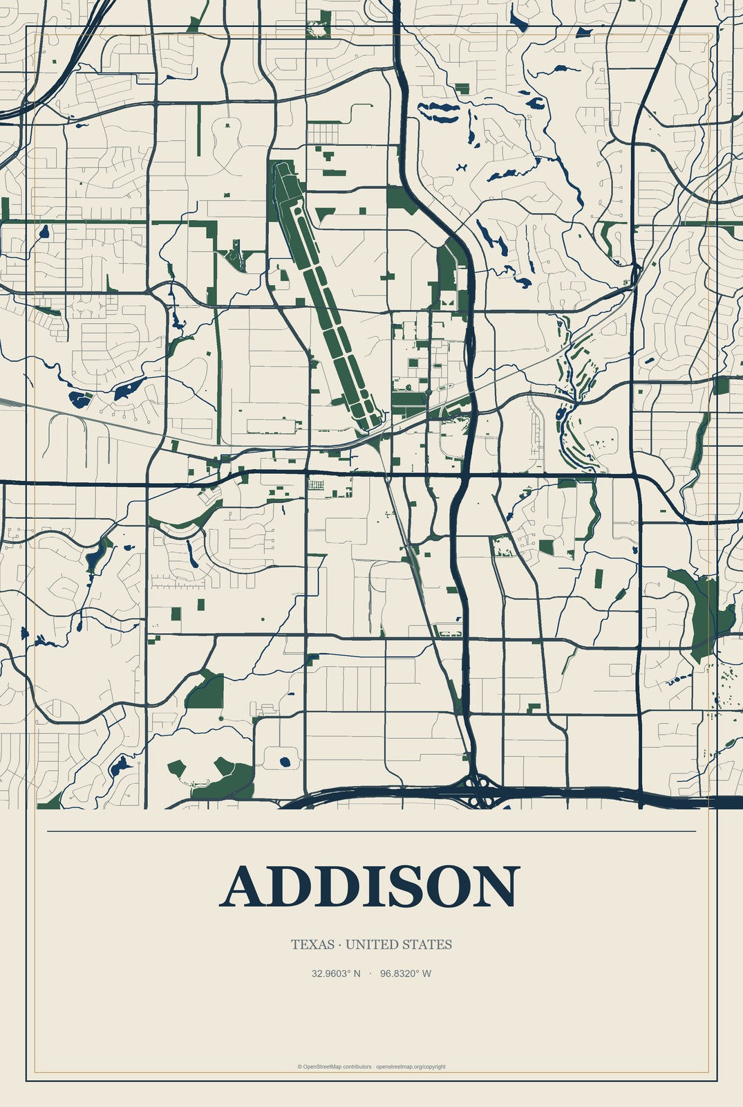 Addison, Texas City Map Aluminum Sign in Coastal Cutout style