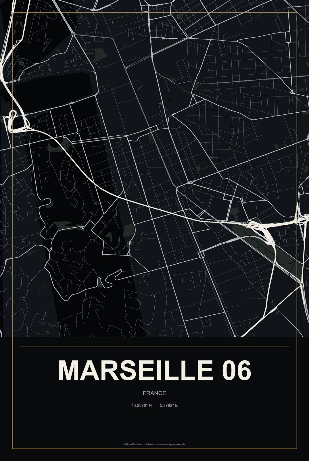 Marseille 06, France City Map Aluminum Sign in Metropolitan Noir style