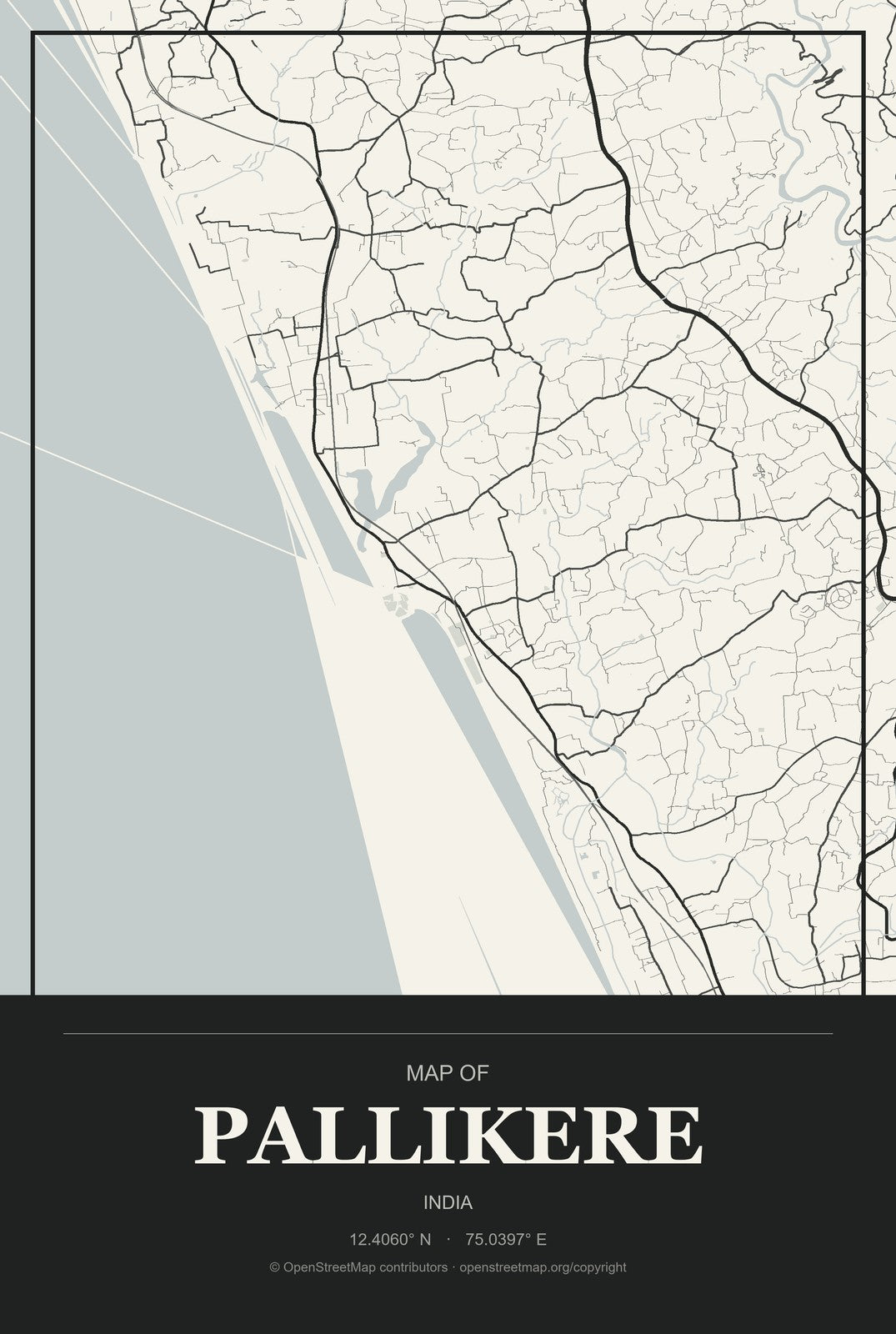 Pallikere, India City Map Aluminum Sign in Museum Plaque style