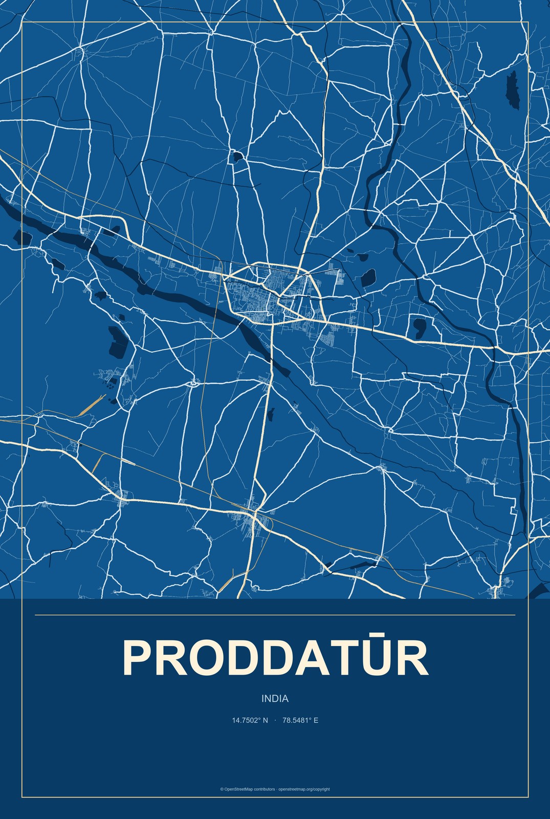 Proddatūr, India City Map Aluminum Sign in Harbor Cobalt style