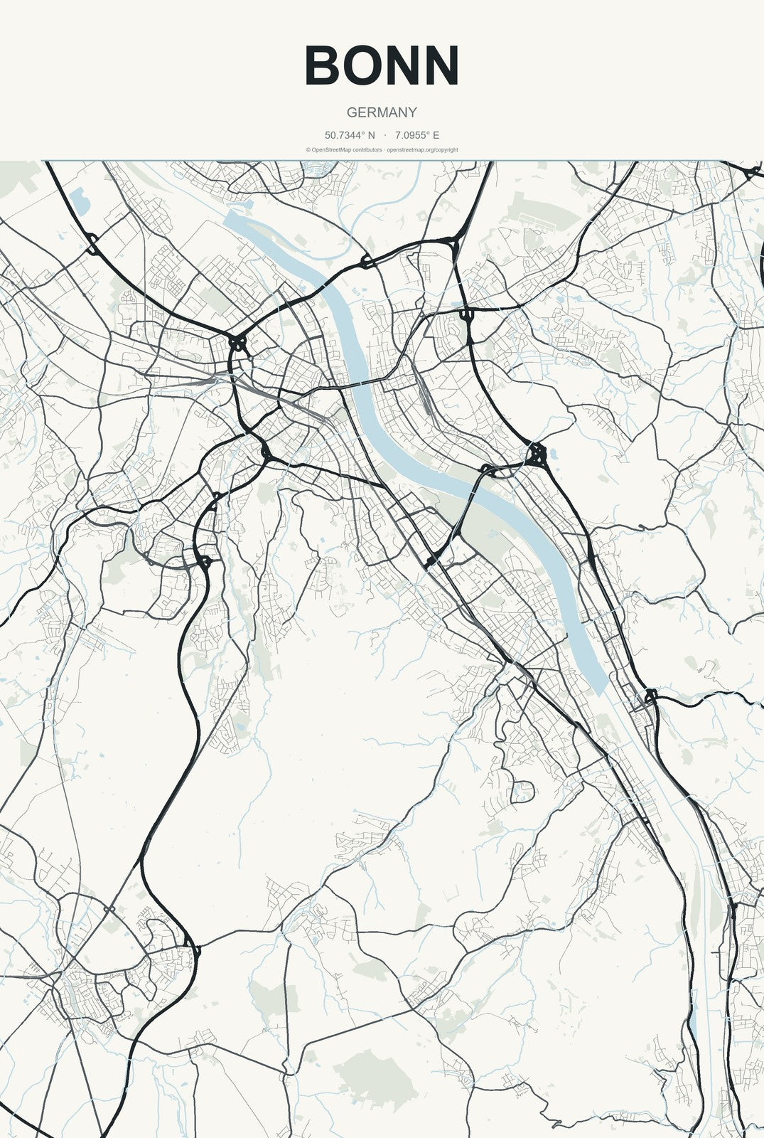 Bonn, Germany City Map Aluminum Sign in Headline Atlas style