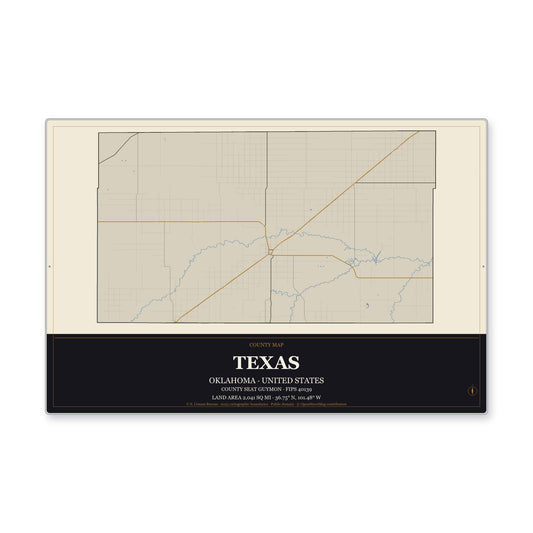 Texas County, Oklahoma Map Aluminum Sign in Museum Plaque style