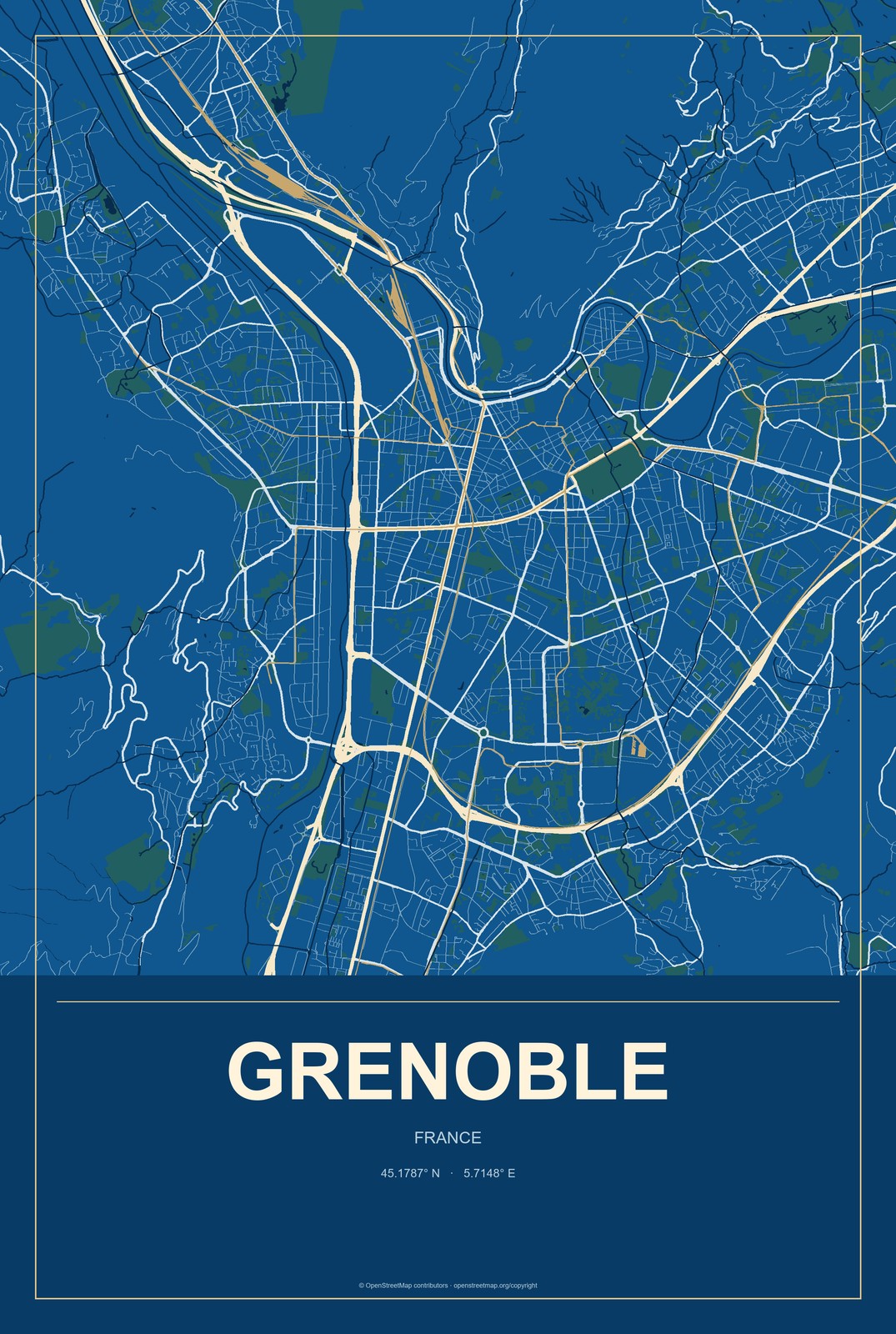 Grenoble, France City Map Aluminum Sign in Harbor Cobalt style