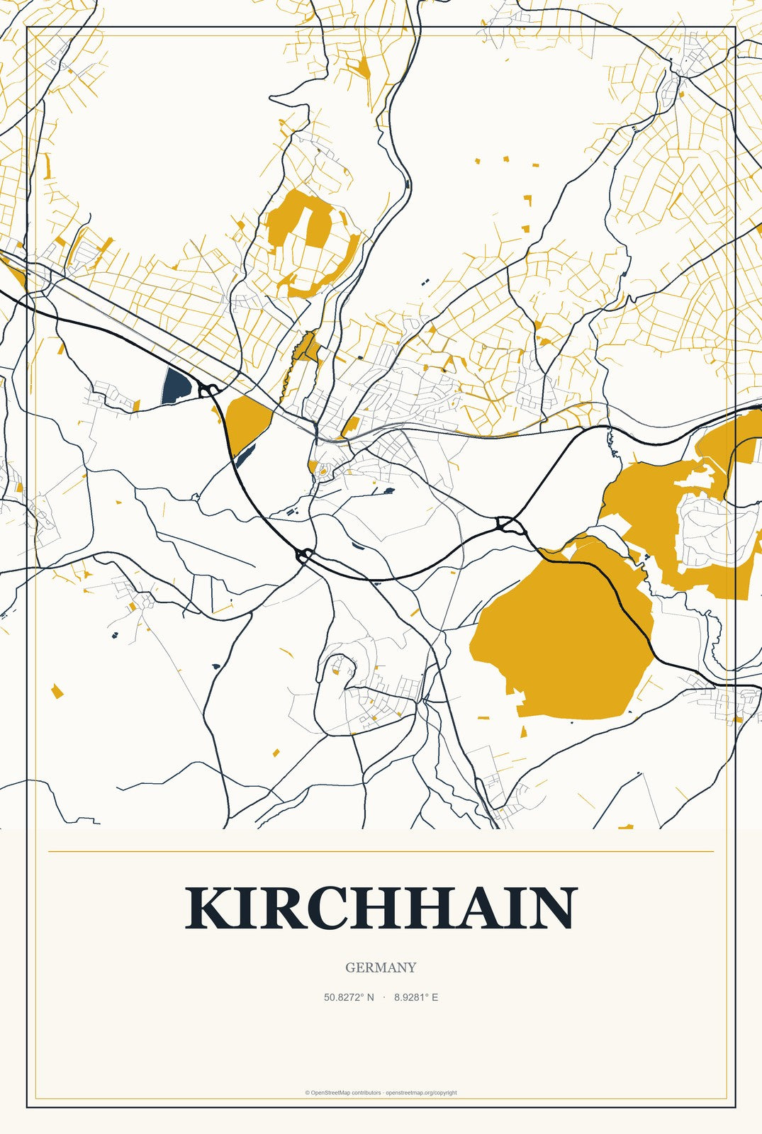 Kirchhain, Germany City Map Aluminum Sign in Citrine Modern style