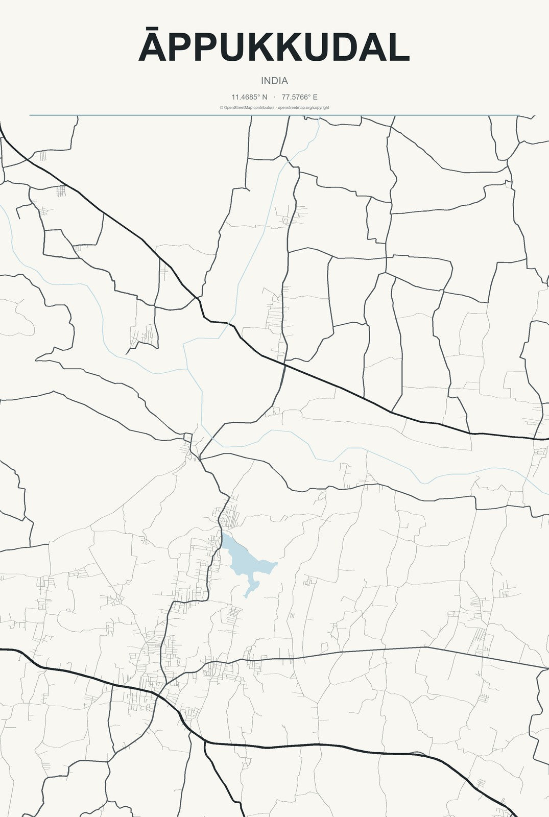 Āppukkudal, India City Map Aluminum Sign in Headline Atlas style