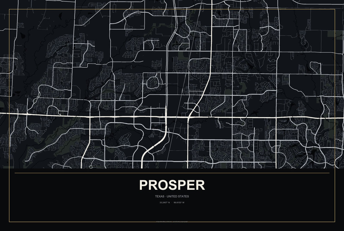 Prosper, Texas City Map Aluminum Sign in Metropolitan Noir style