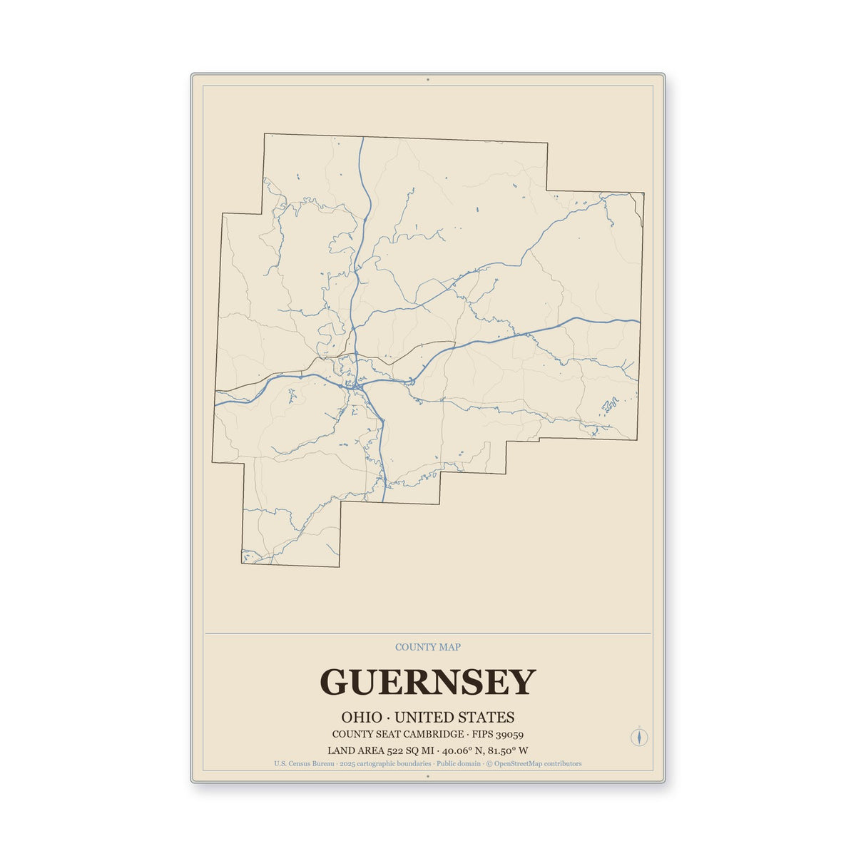 Guernsey County, Ohio Map Aluminum Sign in Heritage Nautical style