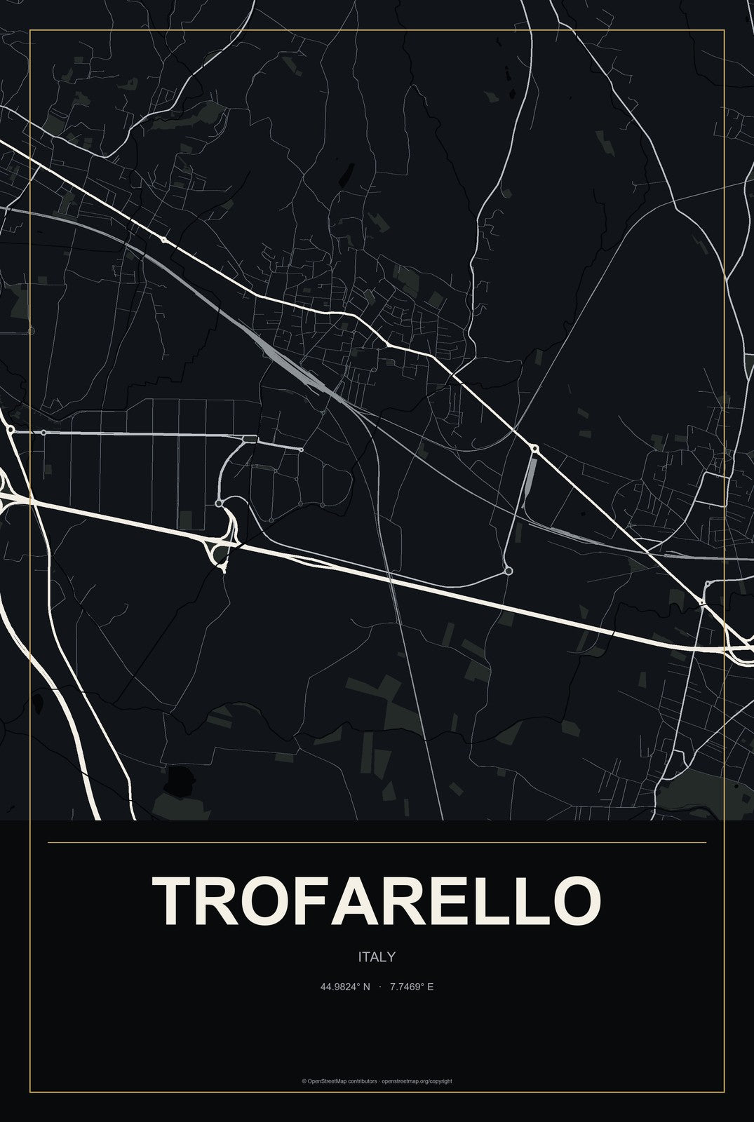 Trofarello, Italy City Map Aluminum Sign in Metropolitan Noir style