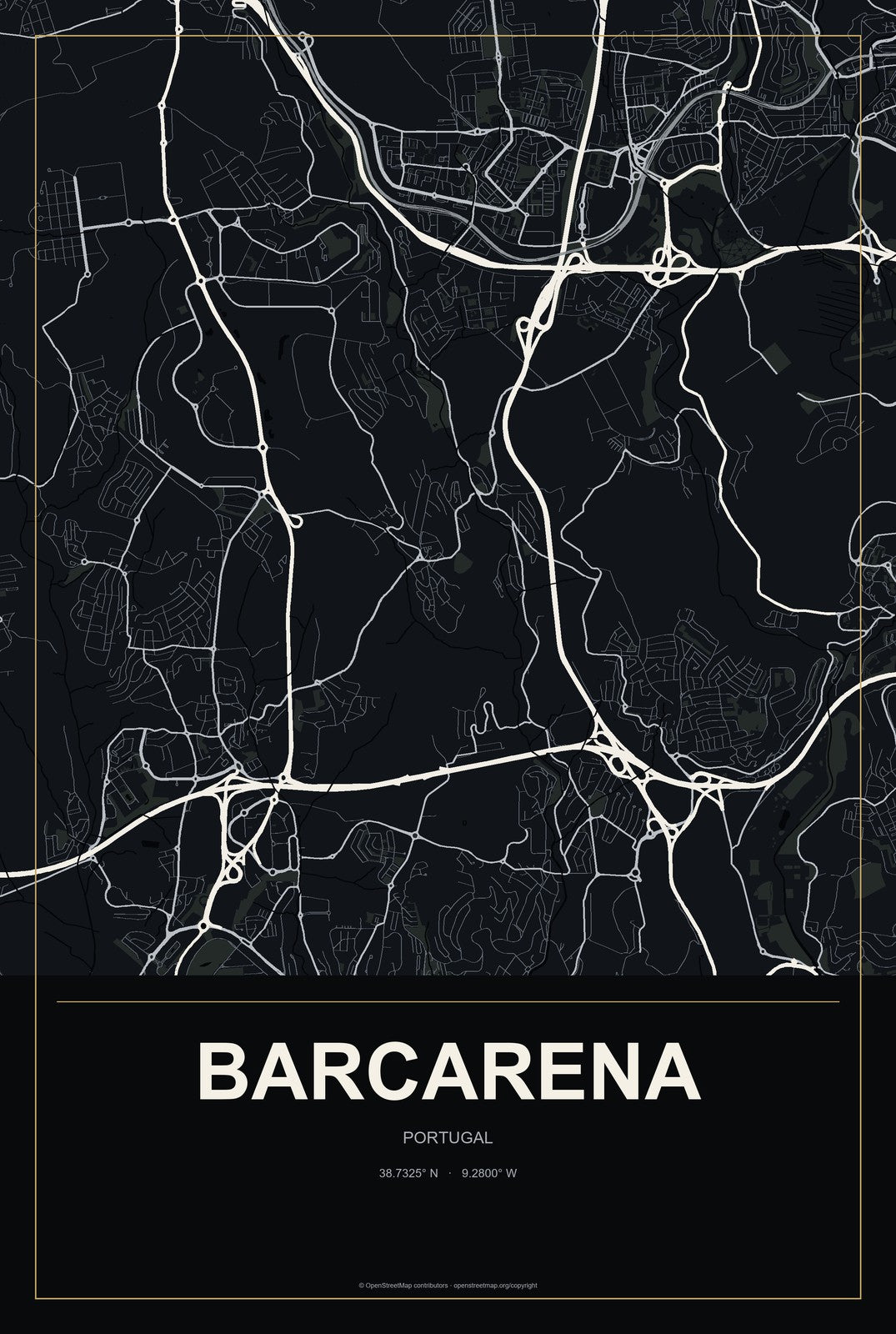 Barcarena, Portugal City Map Aluminum Sign in Metropolitan Noir style