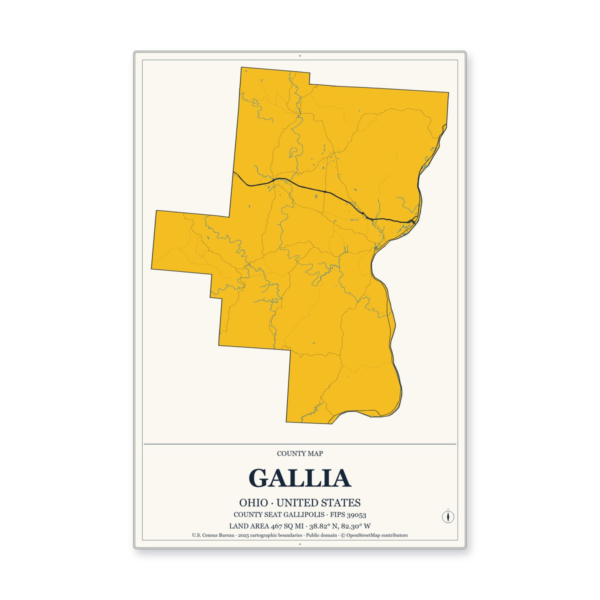 Gallia County, Ohio Map Aluminum Sign in Citrine Modern style