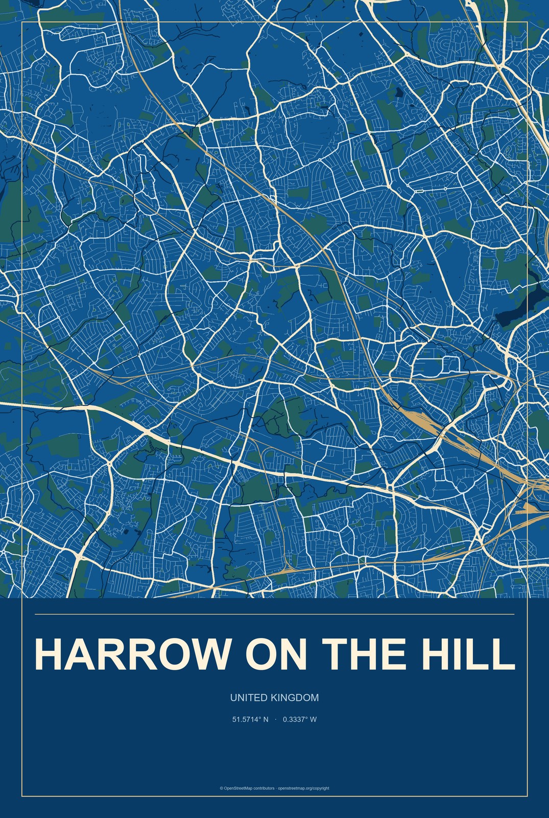 Harrow on the Hill, United Kingdom City Map Aluminum Sign in Harbor Cobalt style