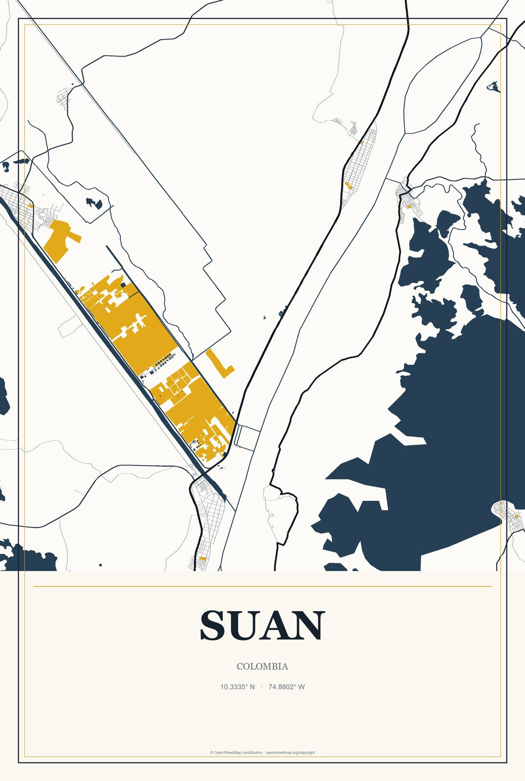 Suan, Colombia City Map Aluminum Sign in Citrine Modern style