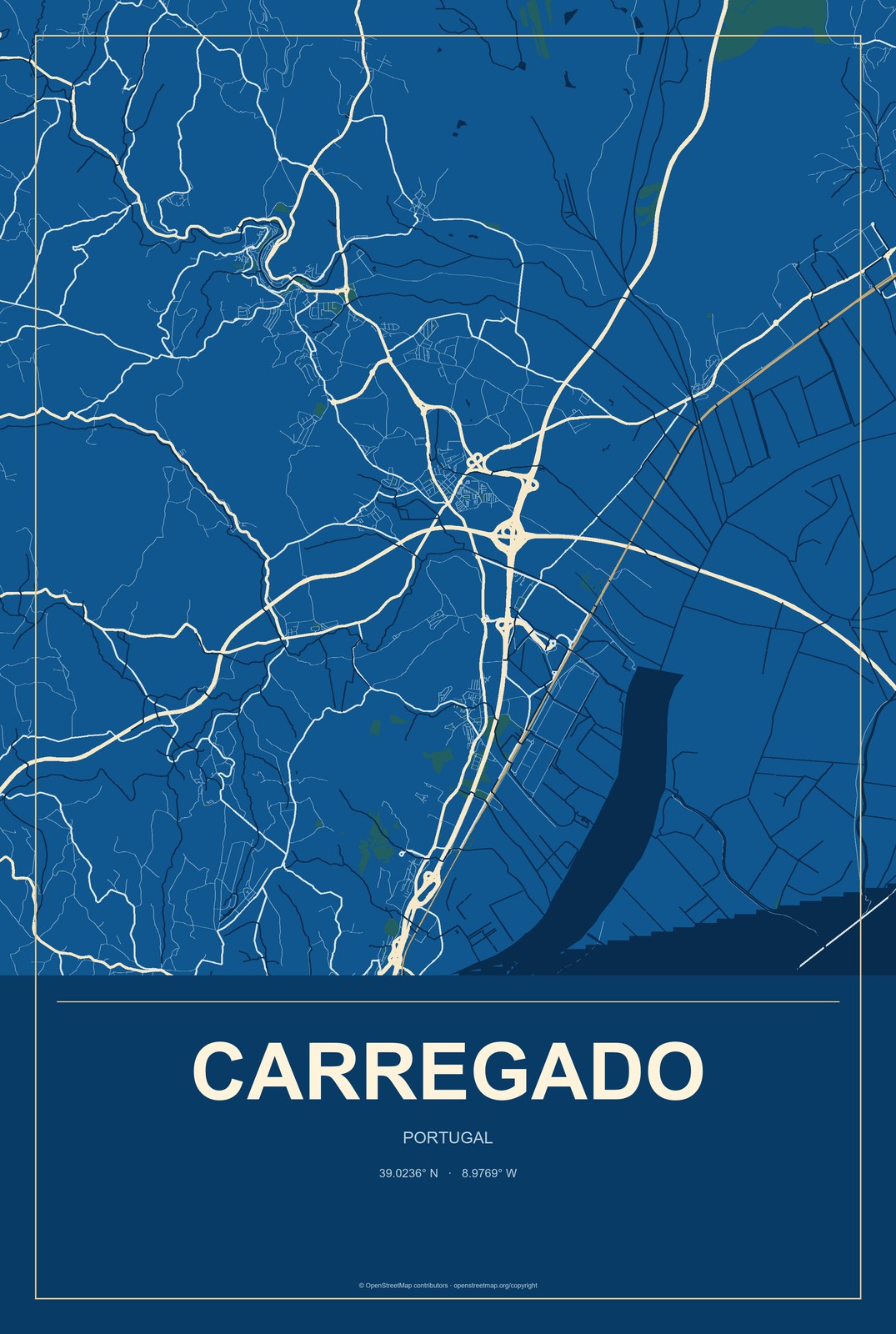 Carregado, Portugal City Map Aluminum Sign in Harbor Cobalt style