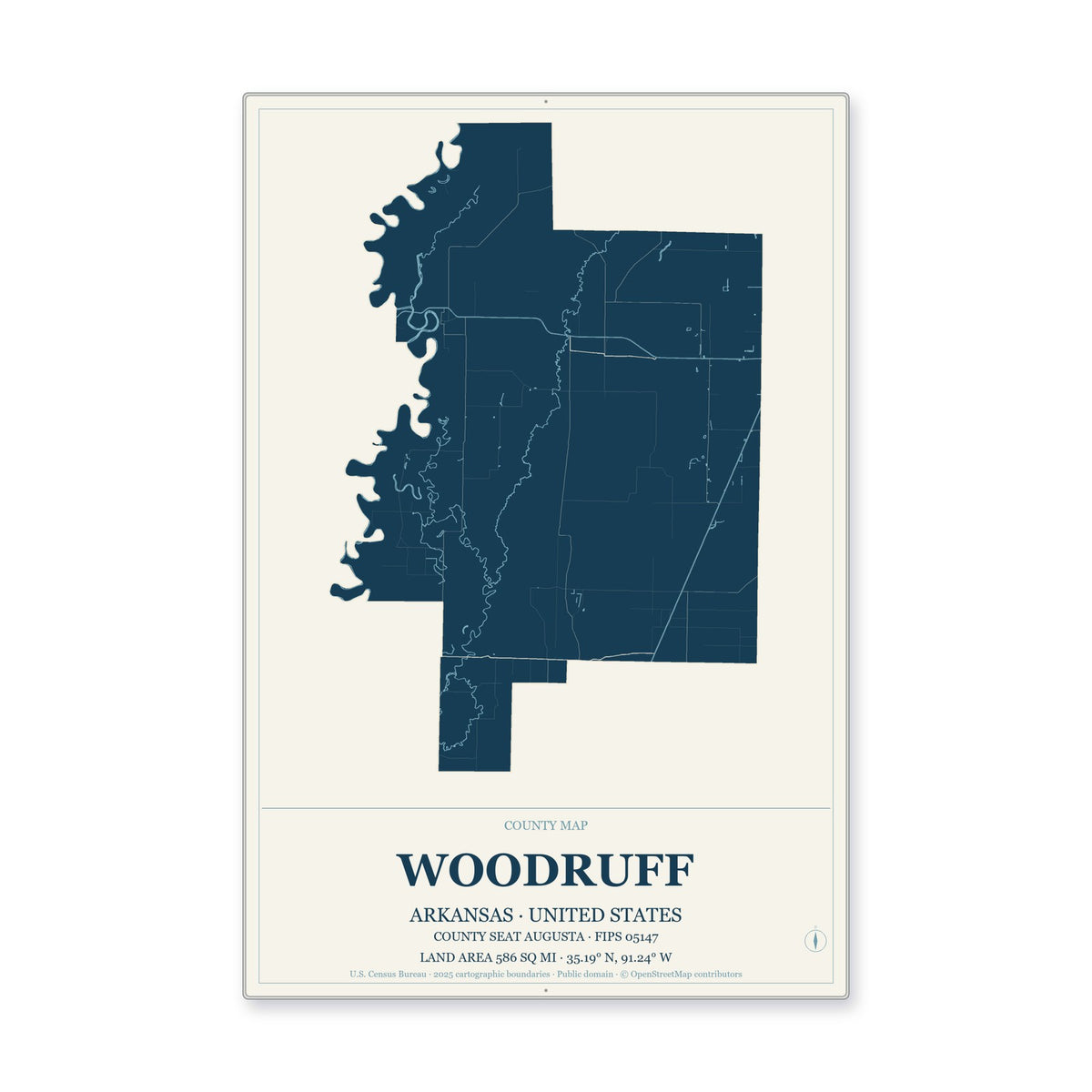 Woodruff County, Arkansas Map Aluminum Sign in Coastal Cutout style