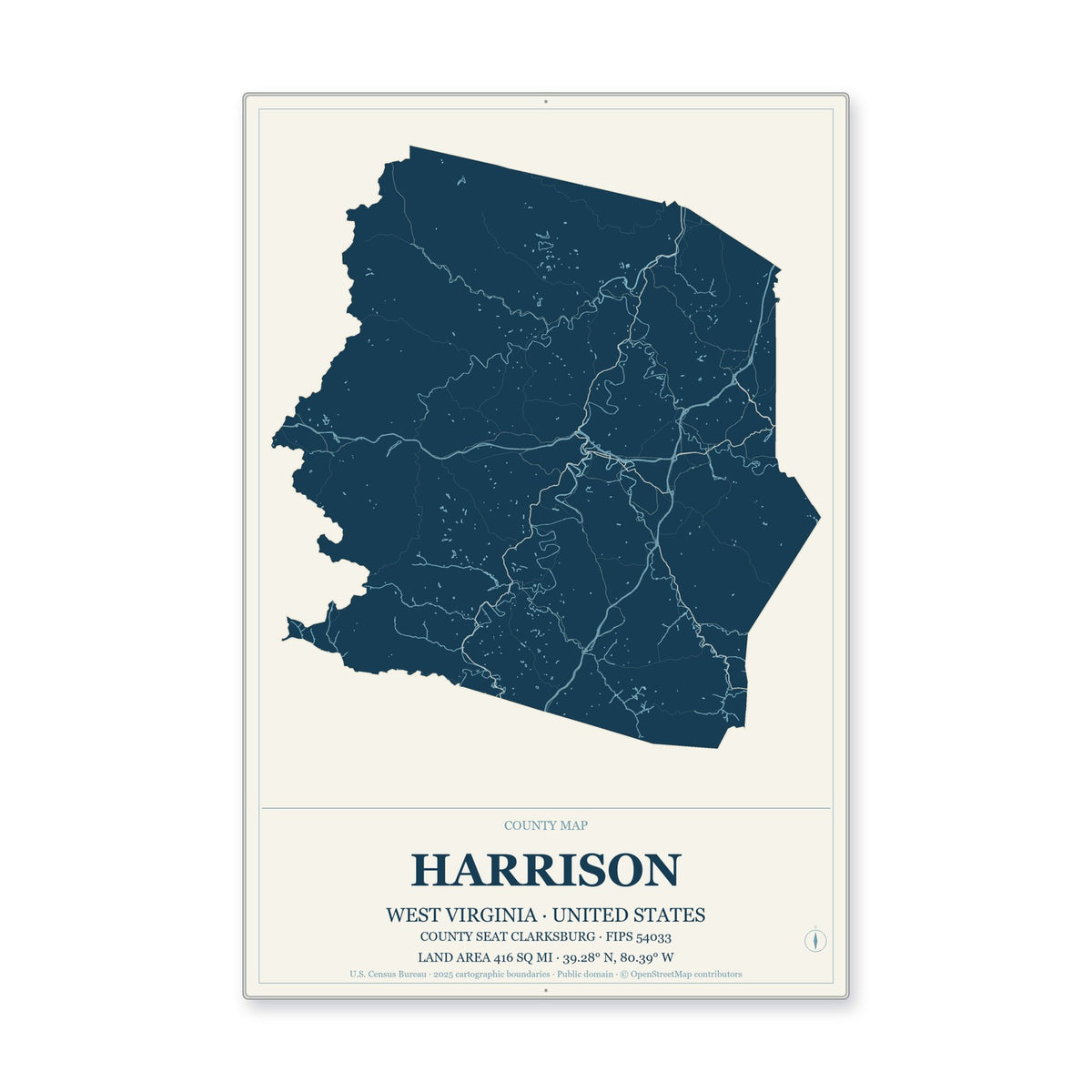 Harrison County, West Virginia Map Aluminum Sign in Coastal Cutout style
