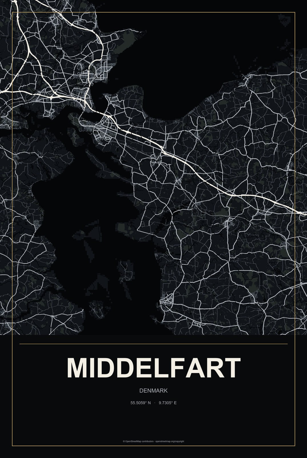 Middelfart, Denmark City Map Aluminum Sign in Metropolitan Noir style