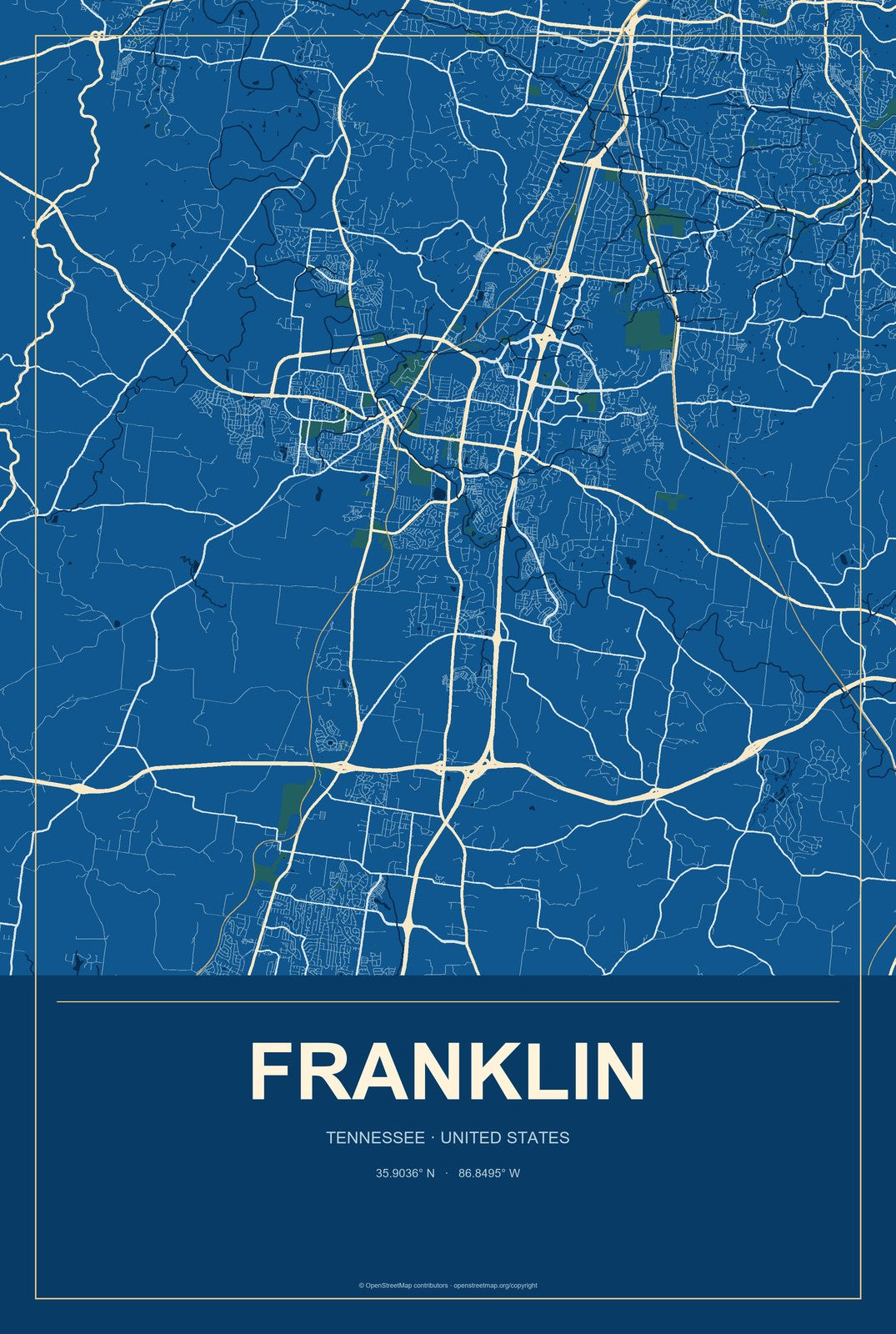 Franklin, Tennessee City Map Aluminum Sign in Harbor Cobalt style